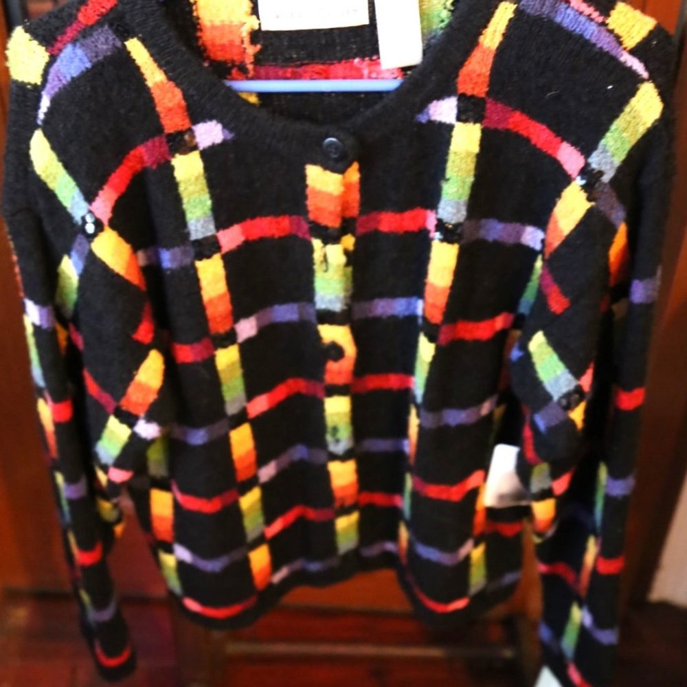 Vintage Jane’s Closet Black button-up Cardigan Sweater Sequins Rainbow Plaid